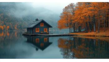 A tranquil lake scene featuring a cabin during autumn with fog photo