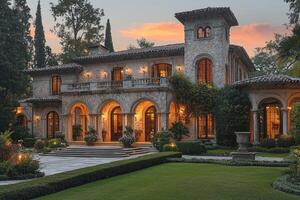Luxurious stone mansion with manicured gardens at twilight scenery photo
