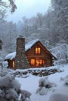 A cozy snow covered wooden cabin with illuminated windows and a chimney photo