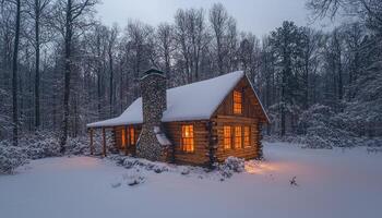 A cozy cabin in a snow covered forest at dusk or dawn photo