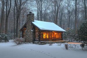 Cozy cabin nestled in a snowy forest during the winter season photo