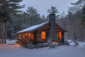 A Cozy Cabin with Lights Glowing Amidst Winter Snowfall photo