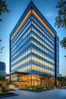 A modern glass skyscraper reflecting illuminated office lights at dusk photo