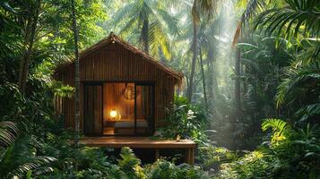 A beautiful tropical hut sits nestled in the dense green jungle photo