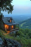 A quaint illuminated mountain cabin overlooking serene green valleys photo