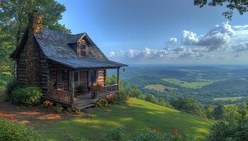 A beautiful log cabin sits peacefully on a green hillside photo