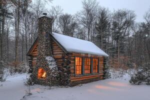 Cozy cabin in winter with warm inviting lighted windows photo