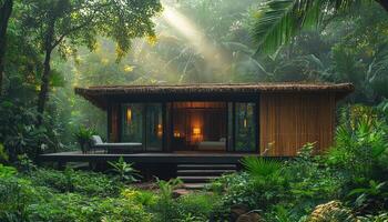 Luxurious bungalow nestled within lush tropical environment and sunlight photo
