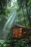 A cozy tropical hut nestled in a lush and verdant jungle setting photo