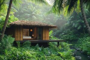 Tranquil bamboo cabin nestled within a lush tropical green jungle photo