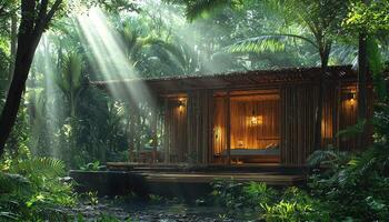 A tropical bungalow nestled in a lush green rainforest setting photo