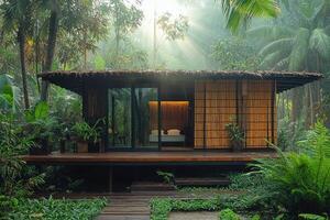 A small cabin nestled within a lush and verdant jungle setting photo