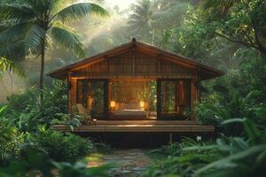 A cozy bamboo hut nestled within a lush tropical jungle setting photo