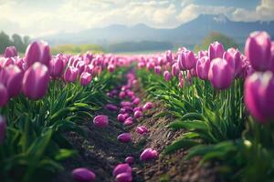 Beautiful field of purple tulips growing with the mountains in the background photo