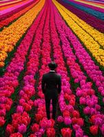 A man standing in a colorful tulip field observing the flowers photo