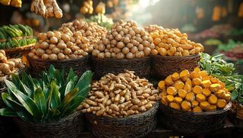Various spices and herbs displayed in woven baskets at a market photo
