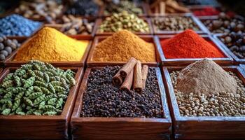 Spices Displayed In Wooden Boxes Creating A Colorful Arrangement photo
