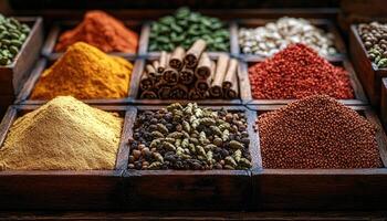 An assortment of colorful spices in a series of wooden boxes photo