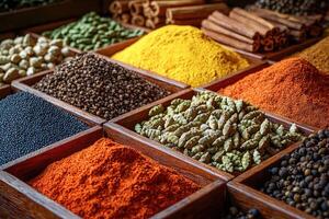 A close up display of various colorful spices in wooden trays photo
