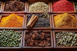 Various dried spices and herbs displayed in wooden square boxes photo