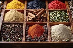 A wooden spice tray containing a colorful assortment of various spices photo