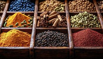 A wooden box with different colorful spices on display photo