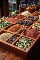 An assortment of various spices displayed in small wooden compartments photo