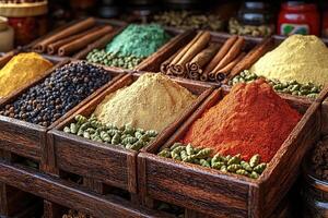 Various Colorful Spices Presented Neatly in Wooden Display Boxes photo
