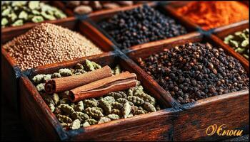 Various spices displayed beautifully inside a wooden divided container photo