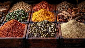 Various spices and herbs displayed in wooden boxes for sale photo