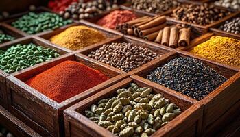 Various spices arranged neatly inside their wooden compartments for display photo