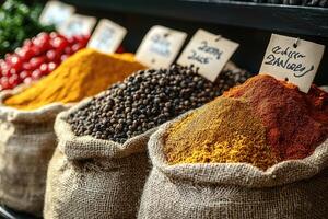Several burlap sacks overflowing with various dried spices of different colors photo