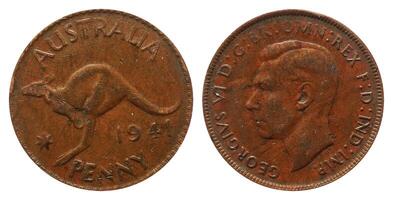 One Penny 1941, Coin from Australia, the coin shows George VI by the Grace of God, King of all the British territories and Kangaroo facing left, It's made of Bronze. photo