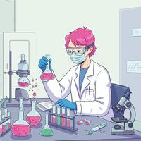 Cartoon scientist conducting experiment with colorful liquids and lab equipment illustration vector