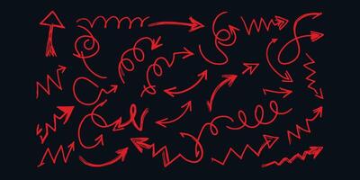Red doodle arrows on black background hand drawn collection directional elements vector