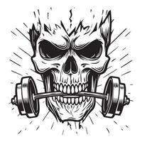 Monochrome skull illustration with barbell weightlifting motif for fitness or halloween themes vector