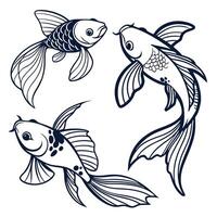 Three elegantly illustrated koi fish swimming together outlined in bold navy ink vector