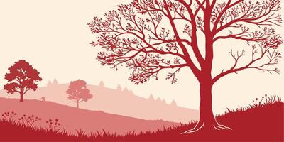 Red monochrome landscape with trees and hills for autumn backgrounds and designs vector