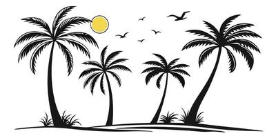 Silhouette tropical paradise with palm trees seagulls and sun graphic design element vector