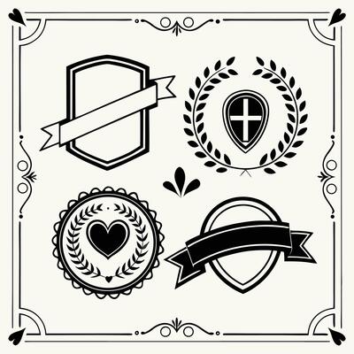 Collection of black and white vintage style emblems and decorative frame designs