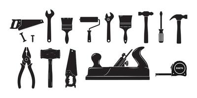 Assorted hand tools silhouettes carpentry and home improvement elements black and white vector
