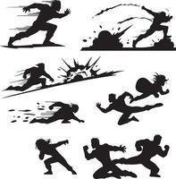 Dynamic superhero action pose set black silhouette isolated on white background vector