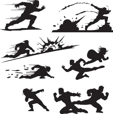 Dynamic superhero action pose set black silhouette isolated on white background