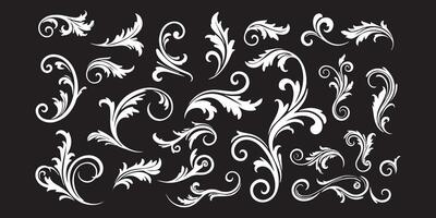 Collection of white floral ornaments and swirls on black background for decorative design vector