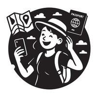 Happy traveler with passport map and phone ready for adventure in black and white vector