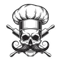 Skull chef with mustache wearing cook hat and crossed rolling pins drawing vector
