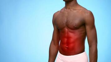 A young African American man with well-defined abdominal muscles suffering from pain in his tummy. The vibrant blue background with copy space video
