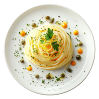 Top-Down View of Gourmet Spaghetti Pasta with Lemon Zest, Capers, and Herb Garnish on a Transparent Background png