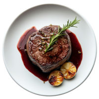 Top View of Gourmet Filet Mignon Steak Served with Red Wine Sauce, Grilled Lemon, and Rosemary on White Plate. High-End Cuisine Concept Isolated on Transparent Background png