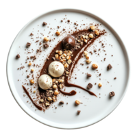 Top-Down View of Artistic Dessert Plating Featuring White Chocolate Domes, Dark Chocolate Truffle, Crushed Hazelnuts, and Chocolate Sauce on White Plate png